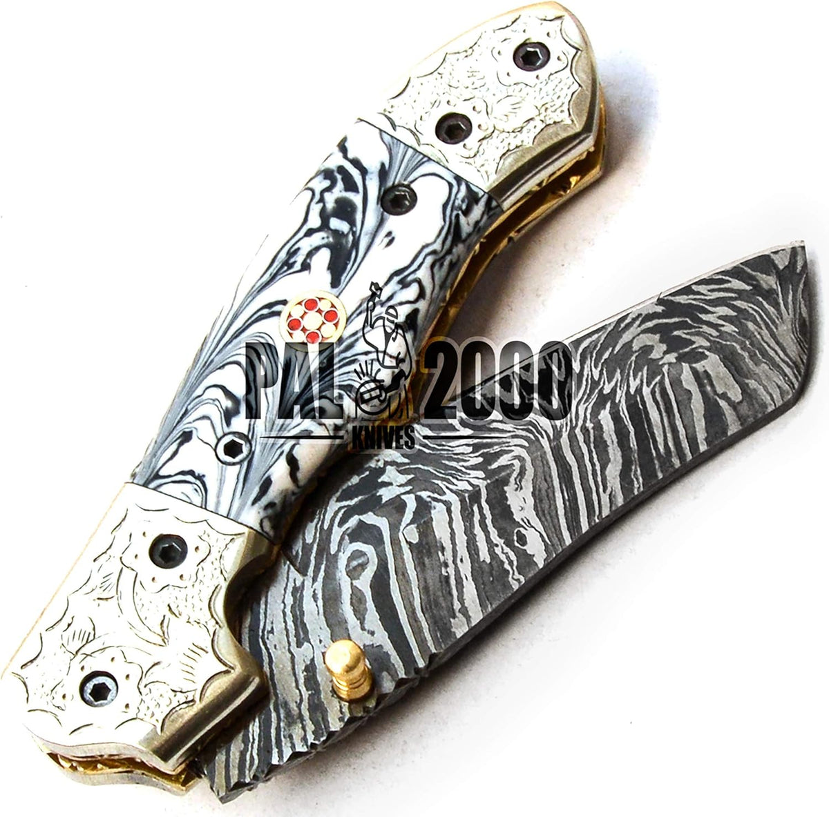 Handmade Damascus Steel Folding Pocket Hunting Knife with Sheath C199074