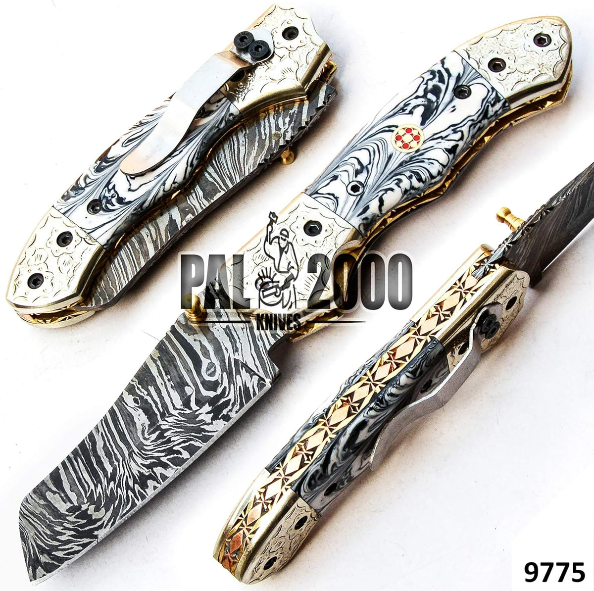 Handmade Damascus Steel Folding Pocket Hunting Knife with Sheath C199074