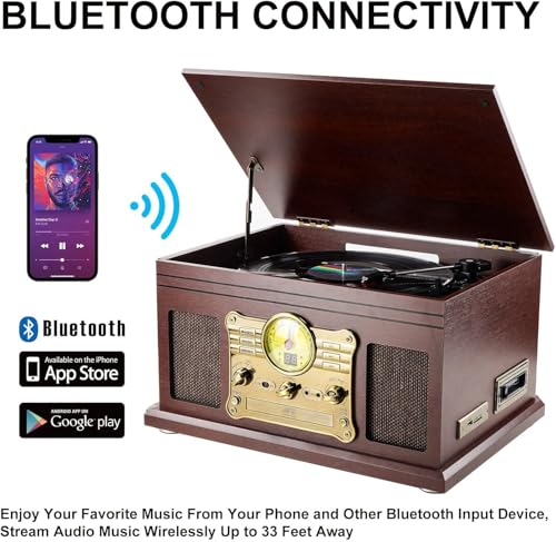 Mahogany Bluetooth Turntable with Speakers Z3813