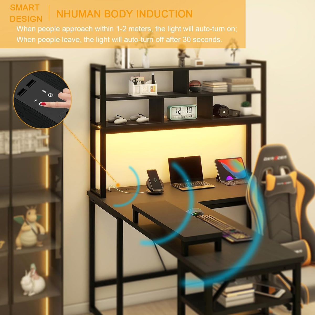 L Shaped Computer Desk with LED Lights and Power Outlets and USB Port B41300
