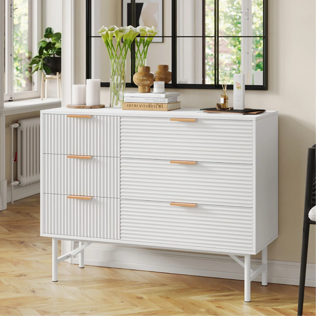 6 Drawer Creamy Wave Panel Wood Dresser Z325248