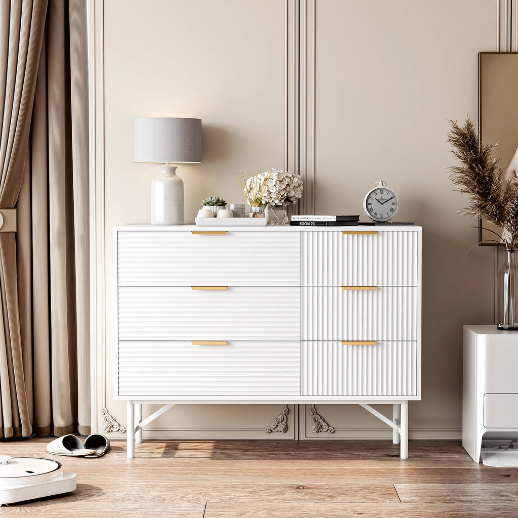 6 Drawer Creamy Wave Panel Wood Dresser Z325248
