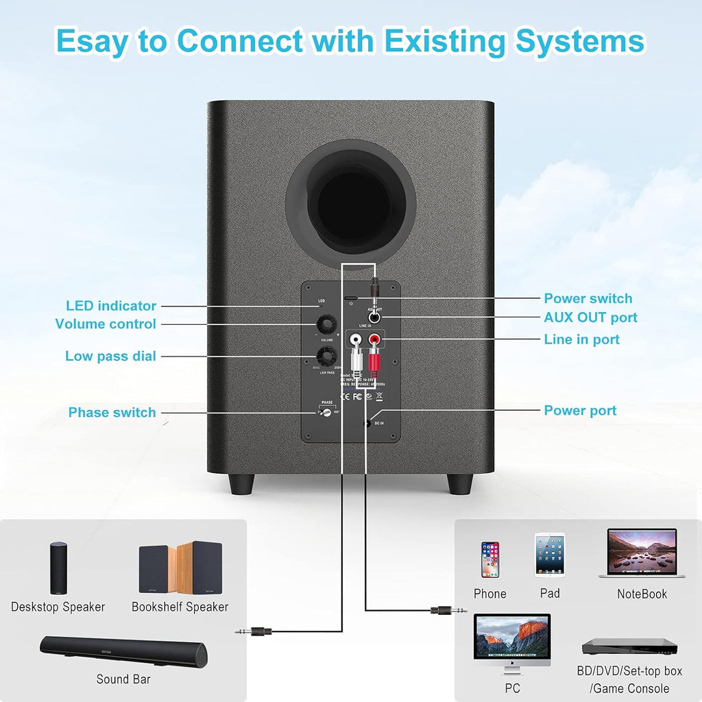Powered Down Firing Subwoofer with RCA Cable, Black M1525
