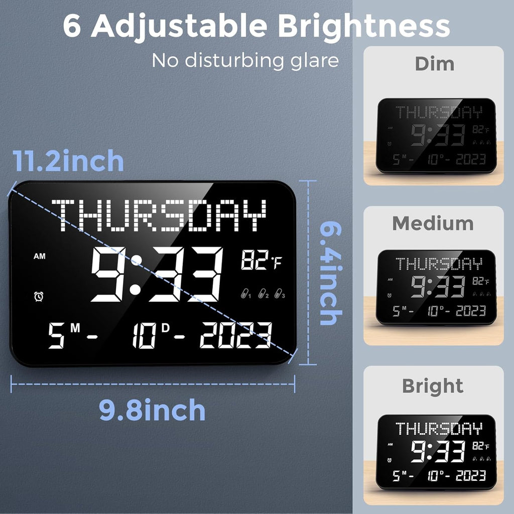 11.2" Large LED Digital Wall Clock with Remote Control, 4 Alarms, Adjustable Dimmer U324