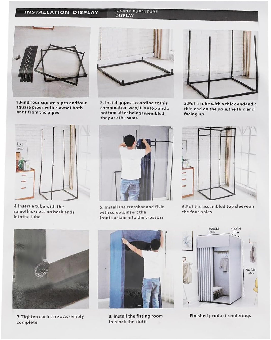 Portable Dressing Room Frame with 4 Wheels, White, 88.18 lbs Capacity H21454