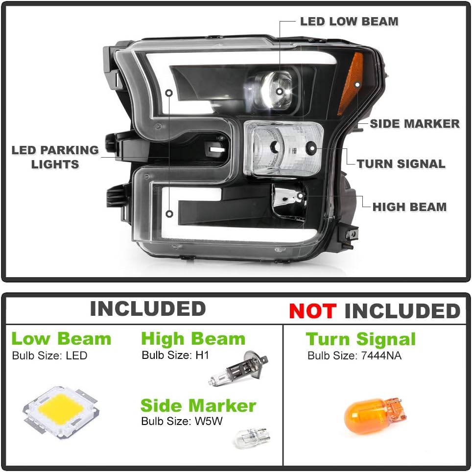 For 2015-2017 Ford F150 Black LED Projector Headlights Assembly V49229