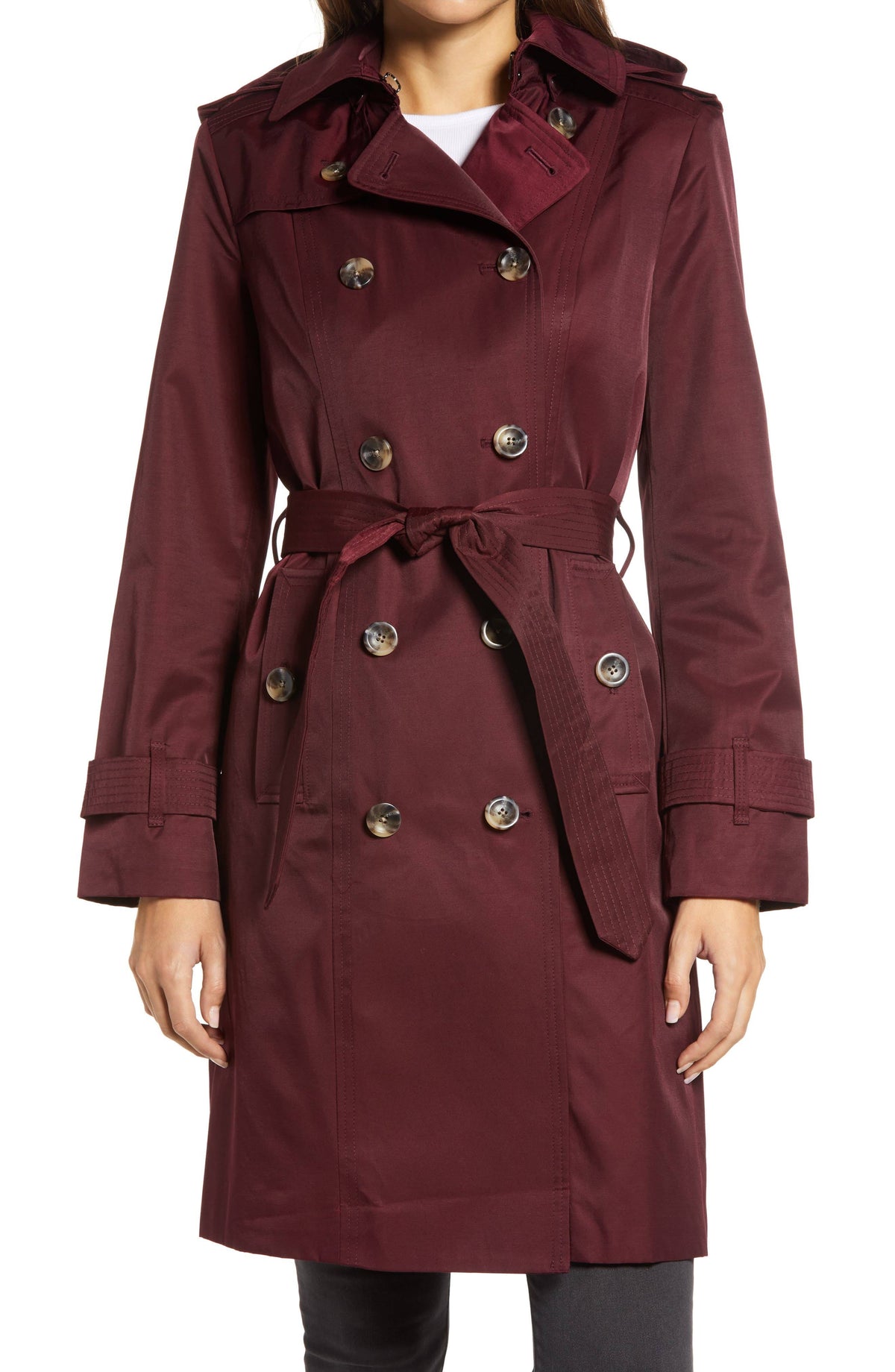Red Double Breasted Trench Coat with Removable Hood Z780