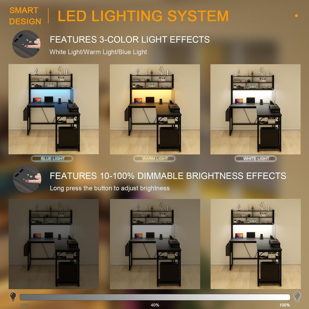 L Shaped Computer Desk with LED Lights and Power Outlets and USB Port B41300