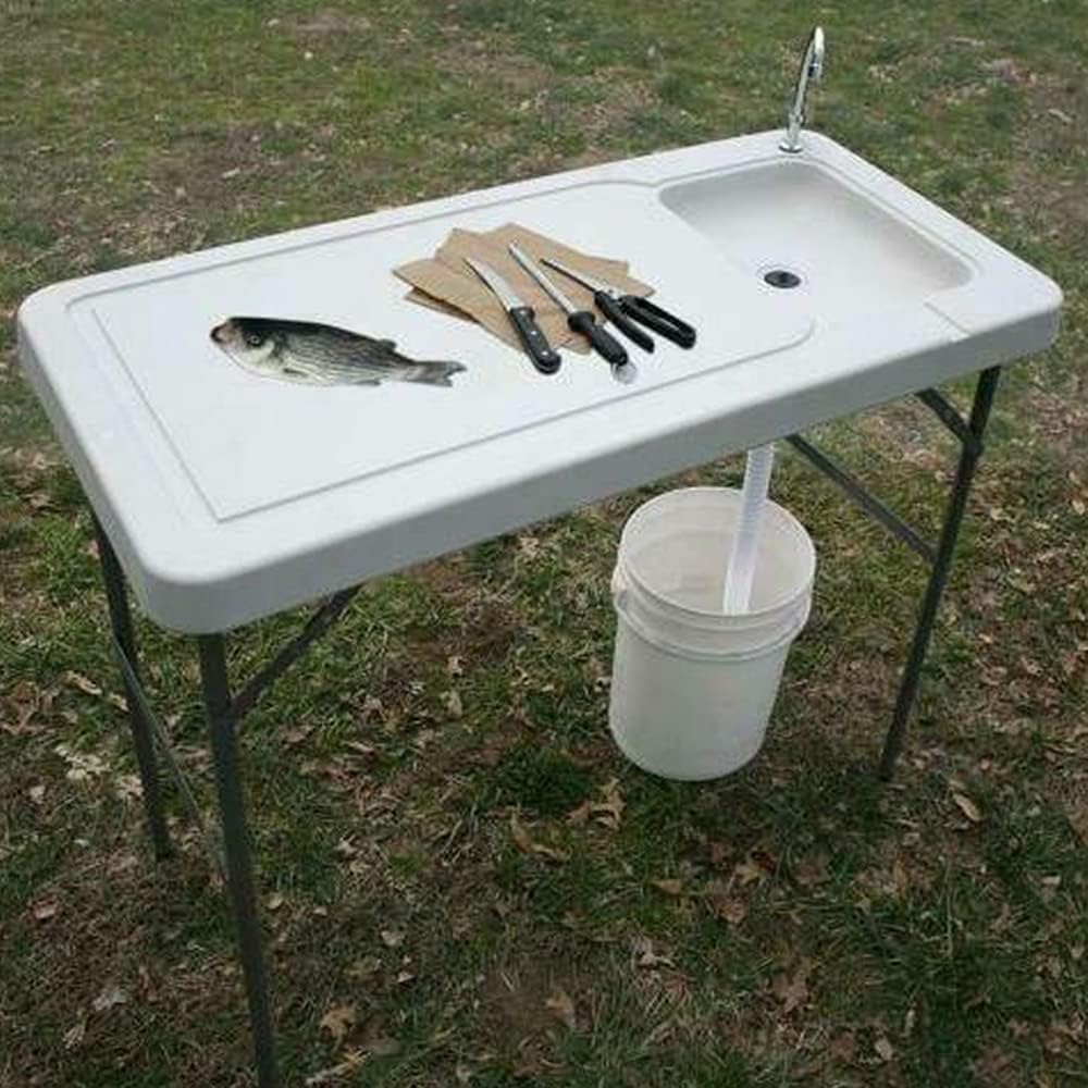 White Portable Folding Fishing Cleaning Table with Sink Faucet P95648