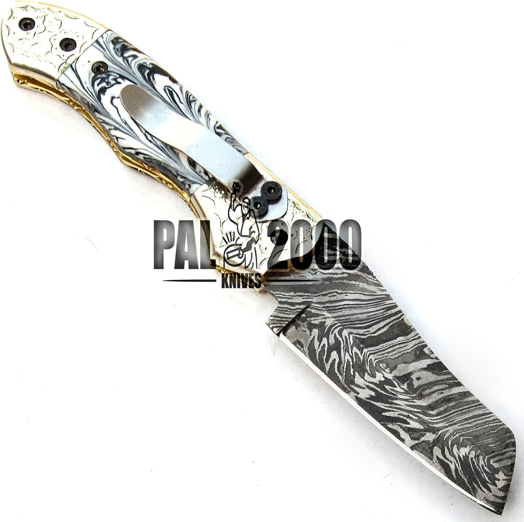 Handmade Damascus Steel Folding Pocket Hunting Knife with Sheath C199074