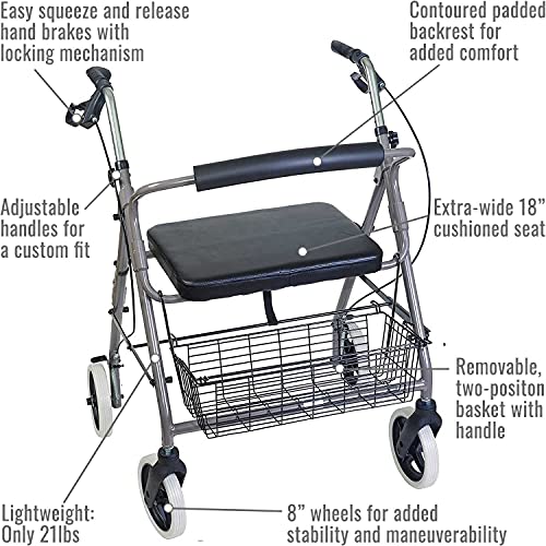 Burgundy Rollator Walker with Extra Wide Seat and Backrest M15402