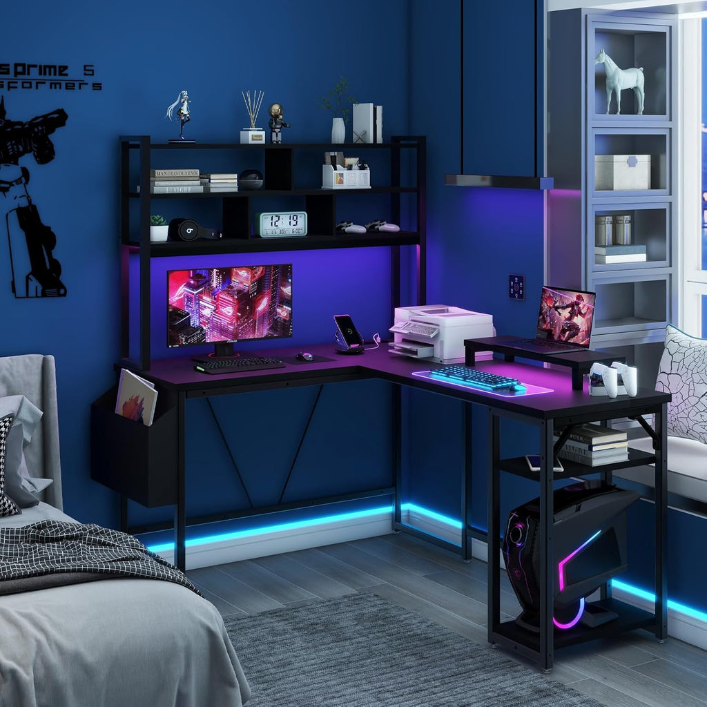 L Shaped Computer Desk with LED Lights and Power Outlets and USB Port B41300