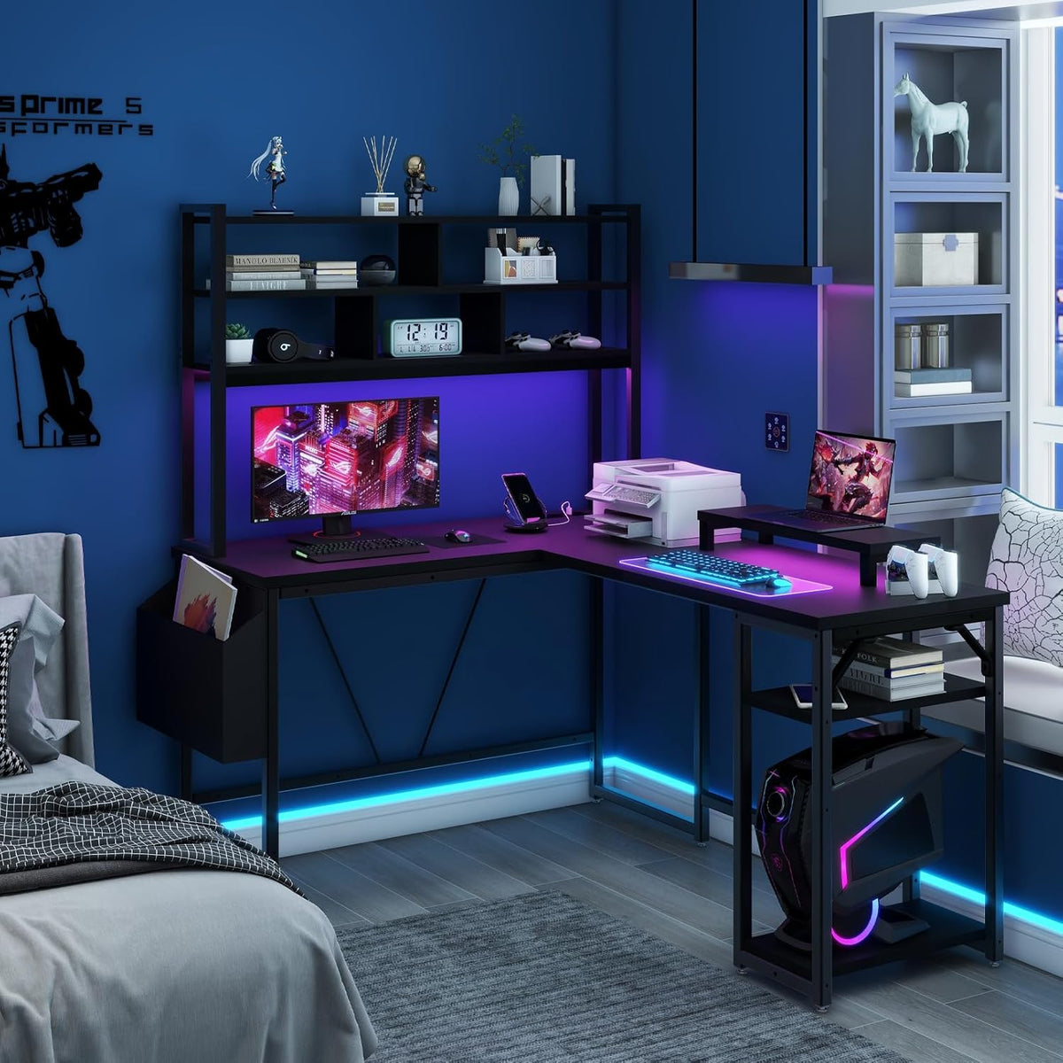 L Shaped Computer Desk with LED Lights and Power Outlets and USB Port B41300