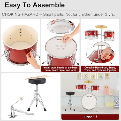 3 Piece Kids Drum Set with 14'' Bass Drum, Snare, Tom, Cymbal, Pedal, Drumsticks, Adjustable Seat Z9919