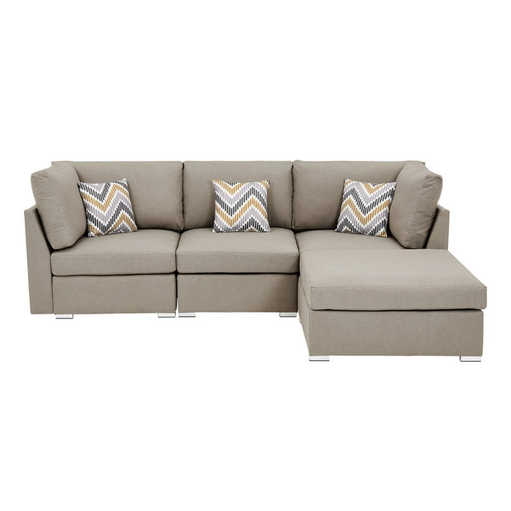 Beige Fabric Chaise Sofa with Ottoman and 3 Pillows A9259