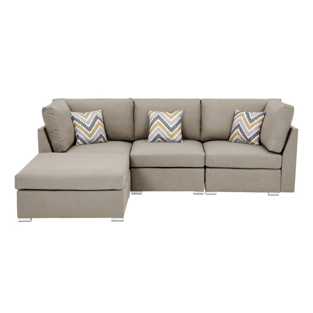 Beige Fabric Chaise Sofa with Ottoman and 3 Pillows A9259