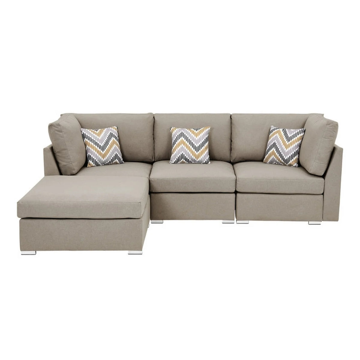 Beige Fabric Chaise Sofa with Ottoman and 3 Pillows A9259