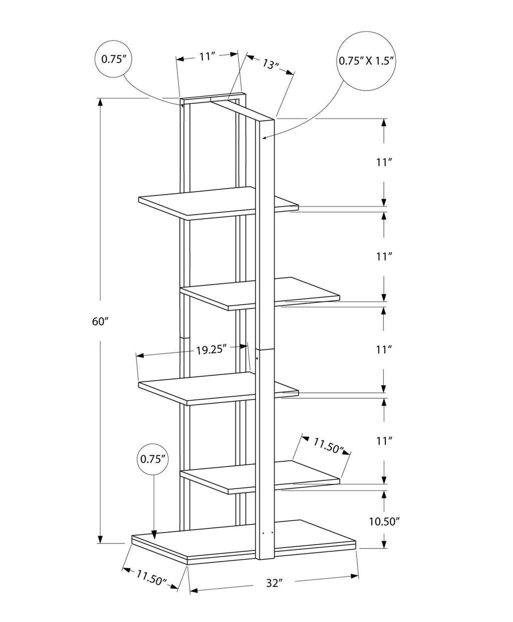 White Silver MDF Metal Bookshelf E595