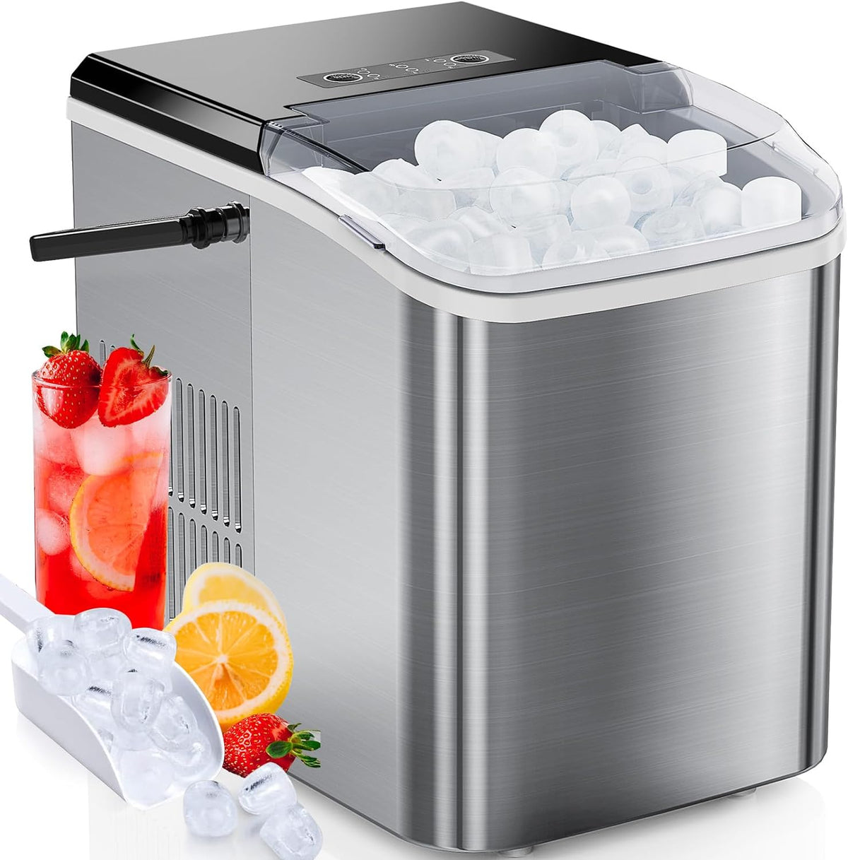 Countertop Stainless Steel Portable Ice Maker with Handle, Scoop and Basket, 9 Pcs Bullet Ice P813
