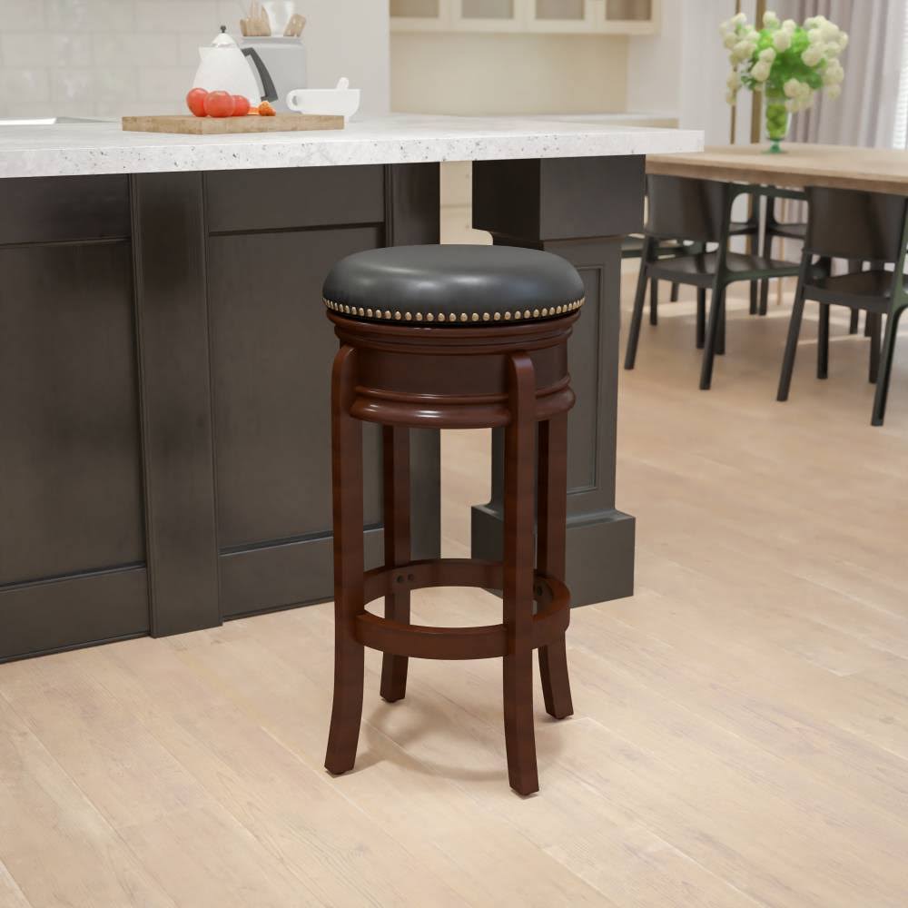 Light Cherry Wood Barstool with Black Leather Swivel Seat A587969