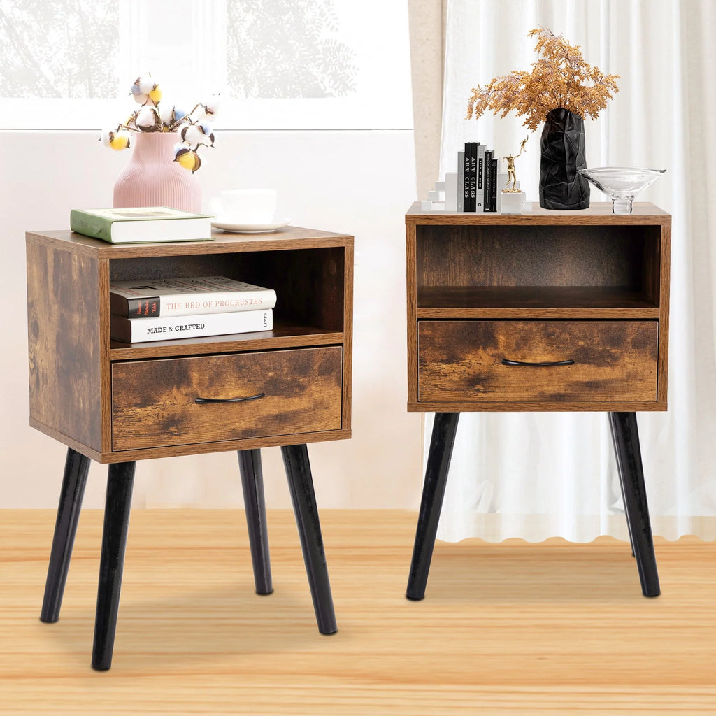 Set of 2 Nightstand with Drawer and Shelf, Wood Frame and Metal Legs, Brown K82136