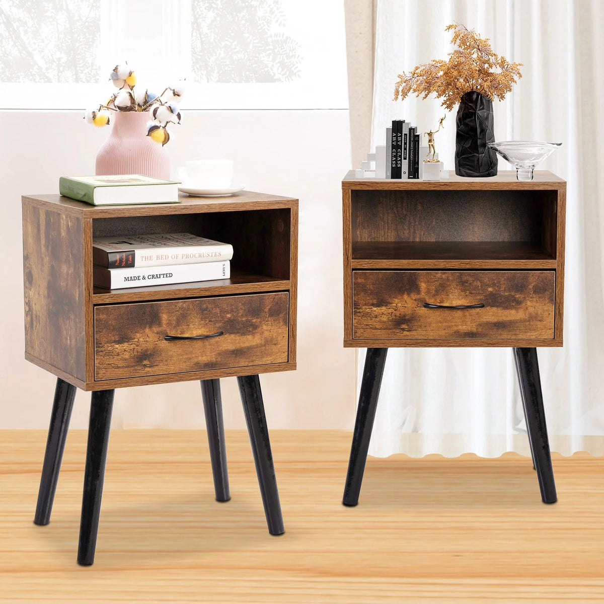 Set of 2 Nightstand with Drawer and Shelf, Wood Frame and Metal Legs, Brown K82136