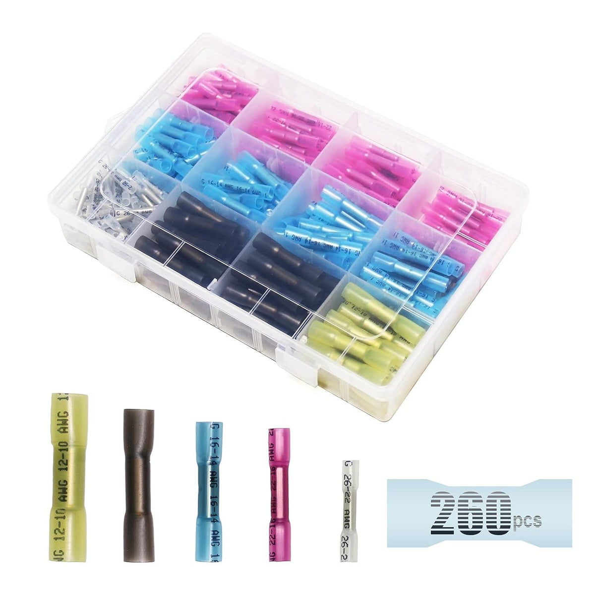 260pcs 10-26AWG Heat Shrink Butt Connectors Kit Y76805