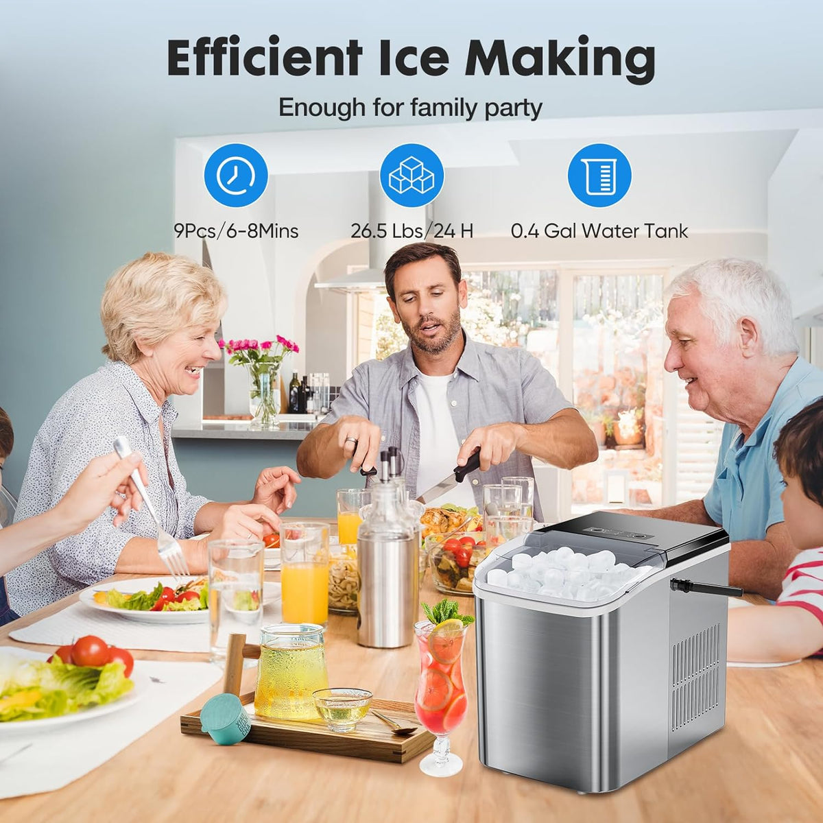 Countertop Stainless Steel Portable Ice Maker with Handle, Scoop and Basket, 9 Pcs Bullet Ice P813