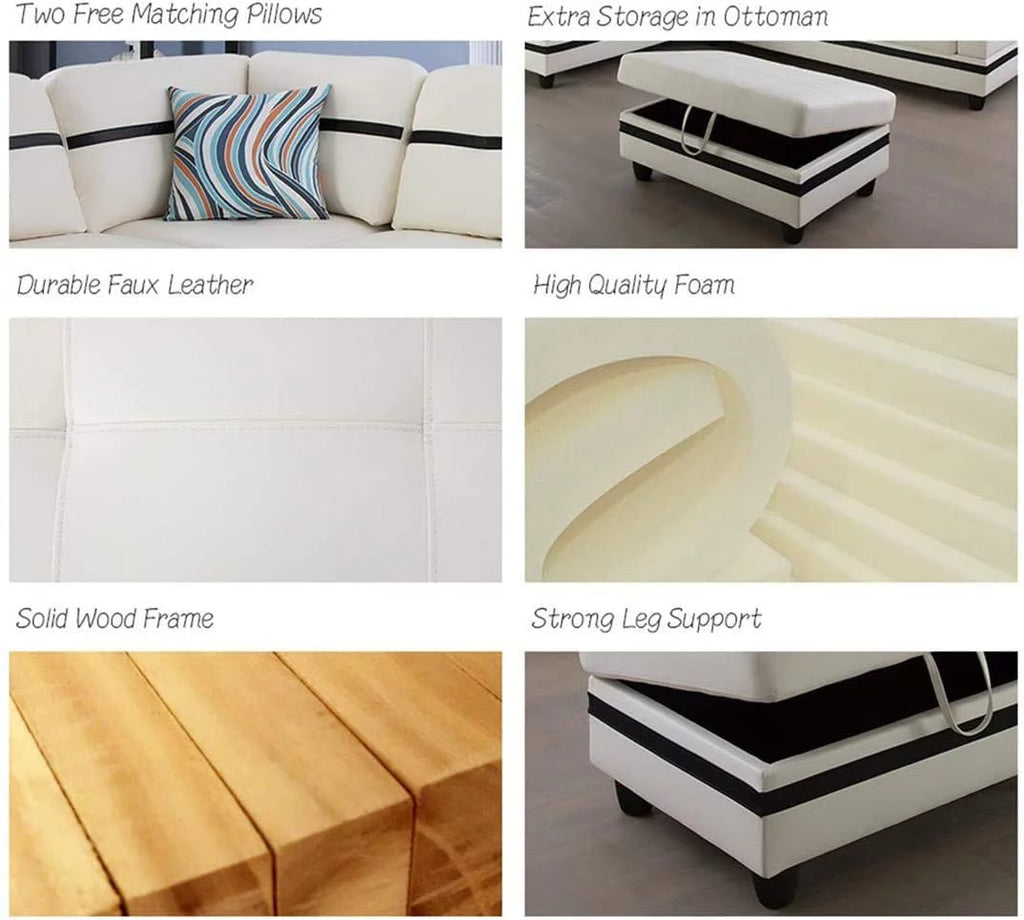 White Faux Leather L-Shaped Sectional Sofa Set J24777