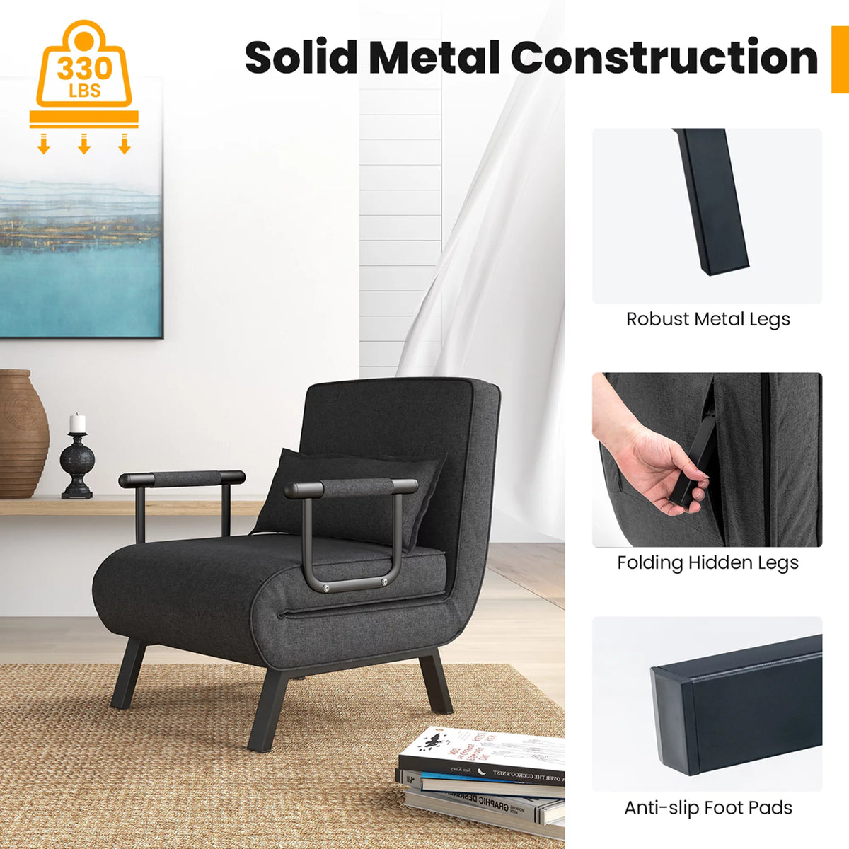 Gray Convertible Sleeper Bed Armchair U65293