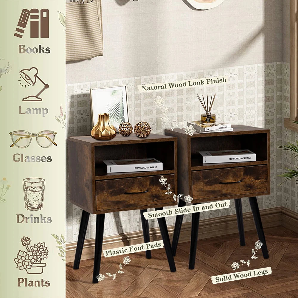 Set of 2 Nightstand with Drawer and Shelf, Wood Frame and Metal Legs, Brown K82136