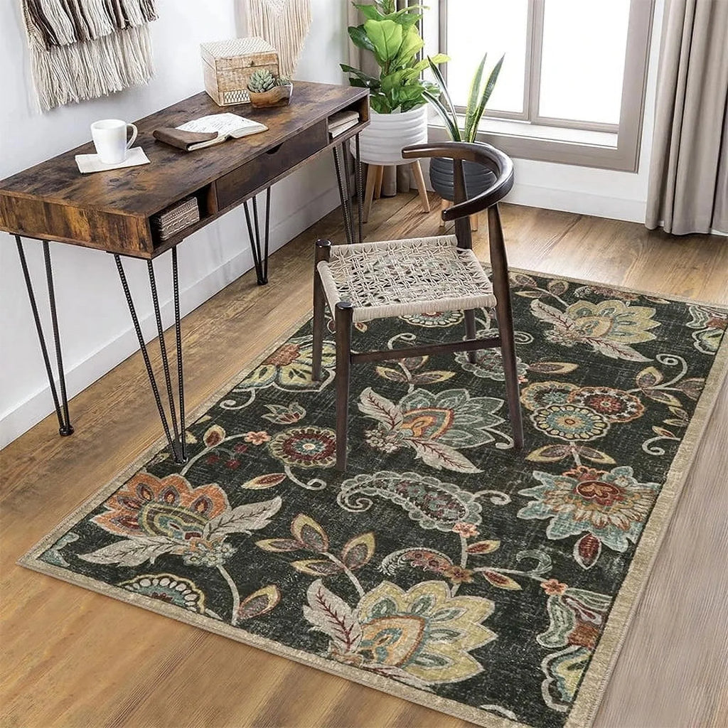 Vintage Flower Area Rug Machine Washable I657757