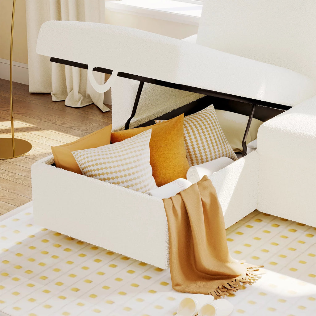 White Sherpa Sofa Bed with Storage Chaise P9501