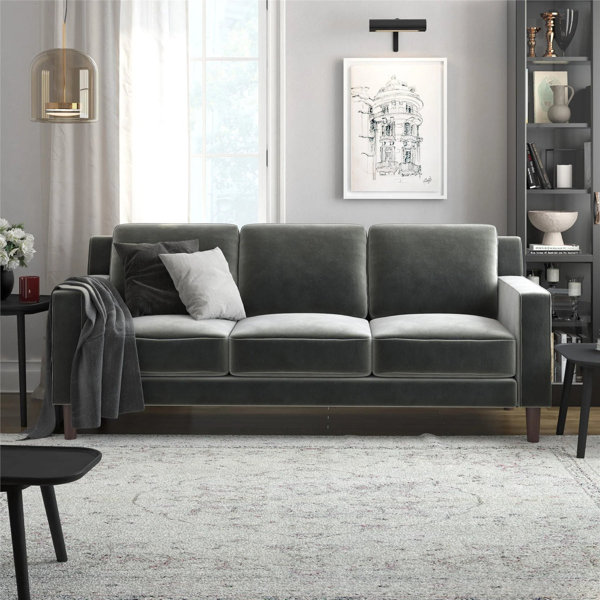Gray Velvet 3 Seater Sofa V4169