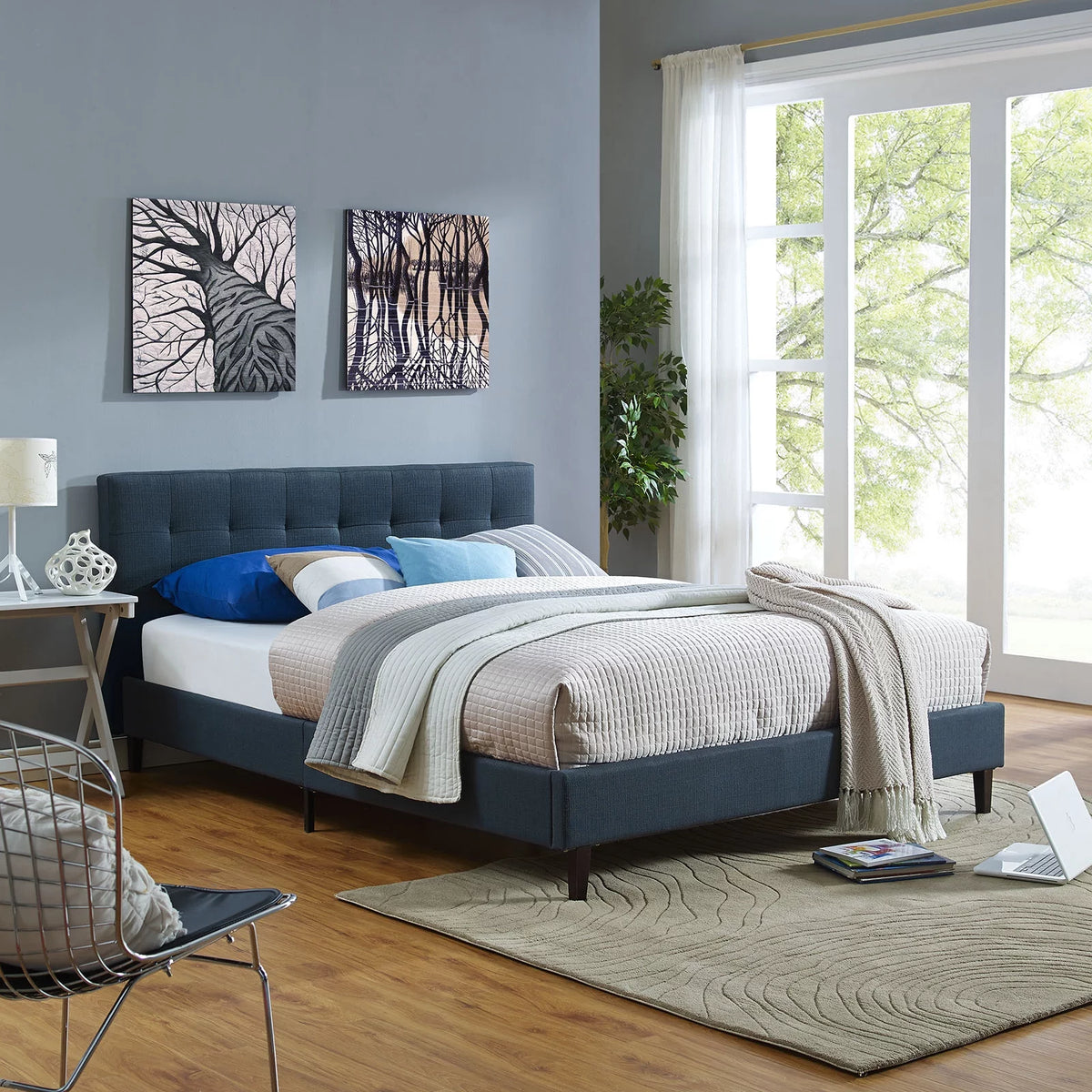 Queen Size Navy Blue Fabric Wood Platform Bed Frame Z126396