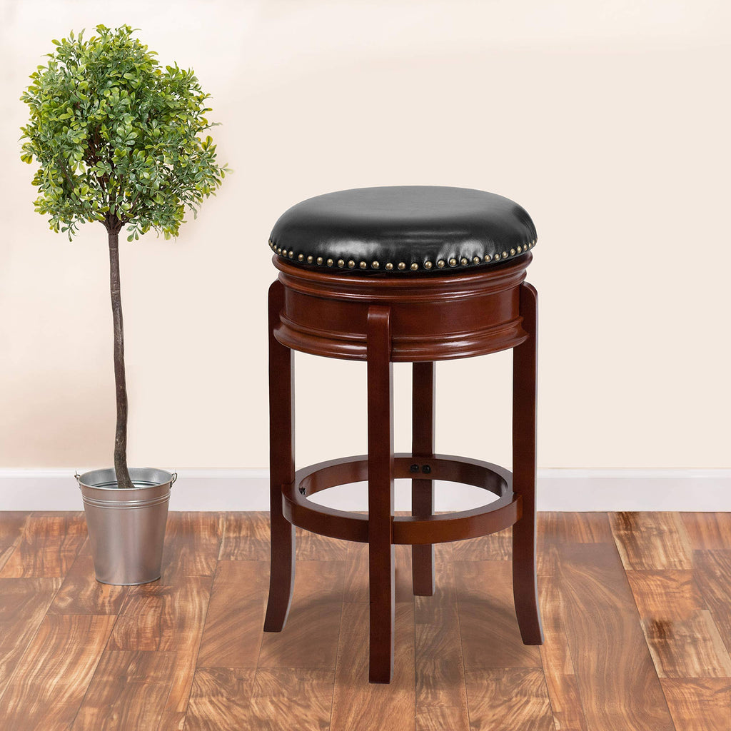Light Cherry Wood Barstool with Black Leather Swivel Seat A587969