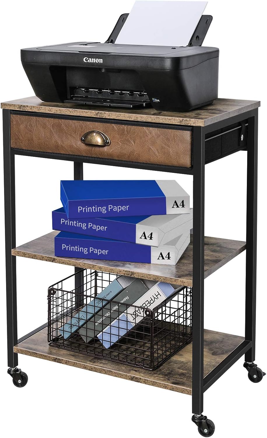 Rustic Brown 3 Tier Printer Cart with Drawer C752