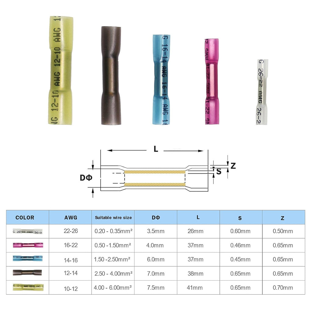 260pcs 10-26AWG Heat Shrink Butt Connectors Kit Y76805