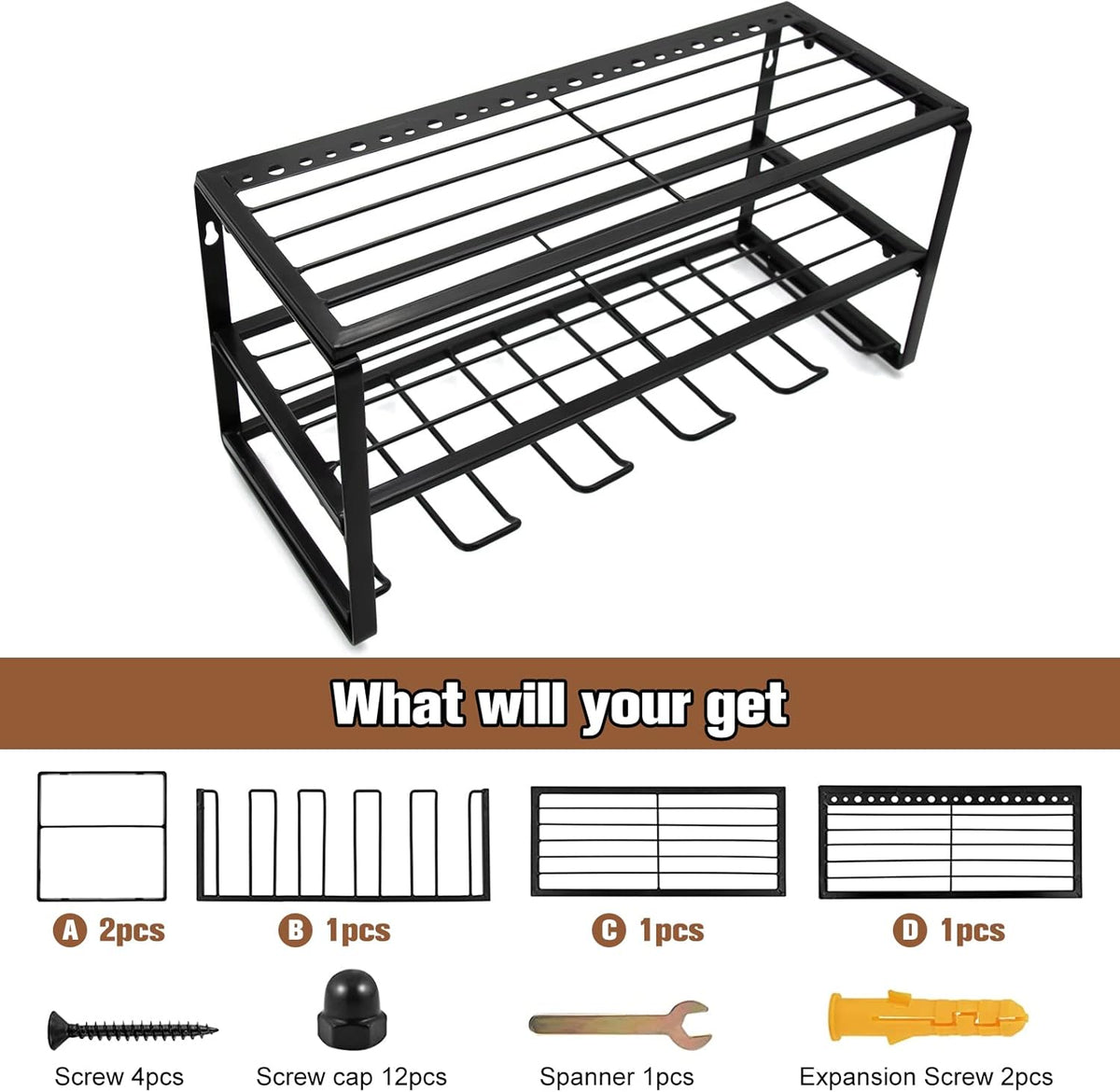 Wall Mounted Tool Storage Rack with Drill Holder, Pack of 2 E455582