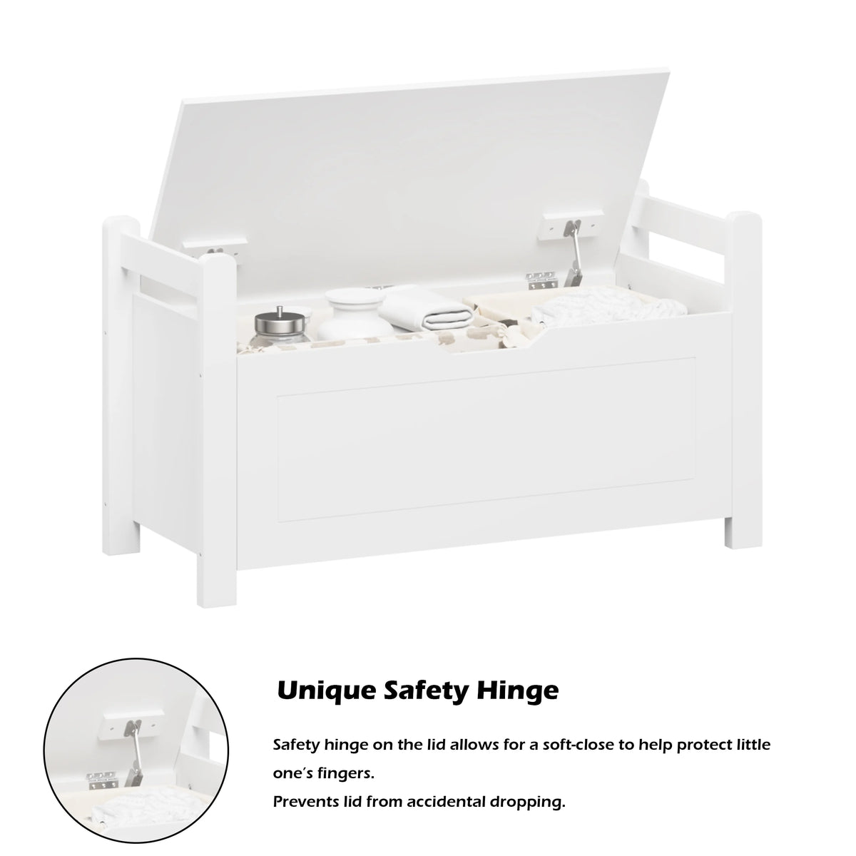 White Wooden Toy Storage Box with Safety Hinged Lid T185