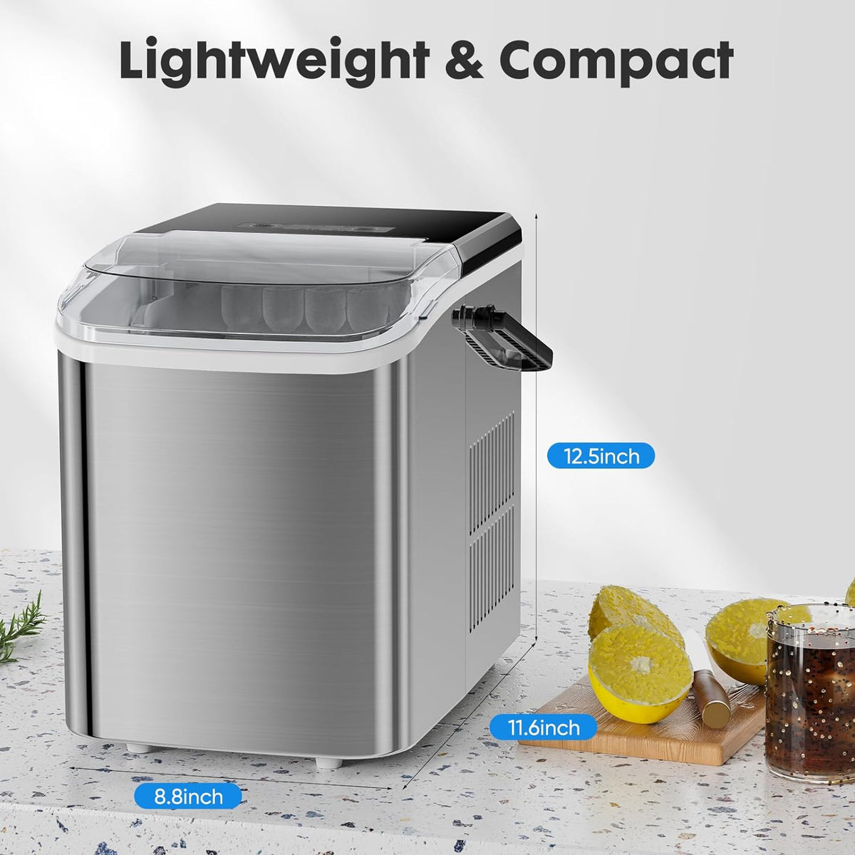 Countertop Stainless Steel Portable Ice Maker with Handle, Scoop and Basket, 9 Pcs Bullet Ice P813