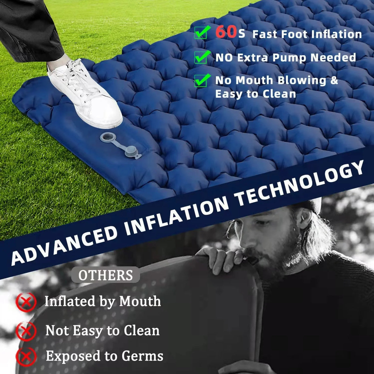 2 Person Camping Mat with Air Pillow Waterproof Backpacking Pad D316305