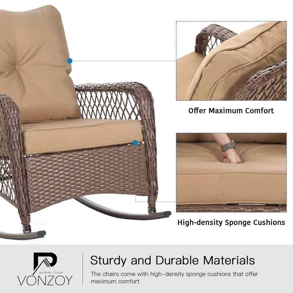 3-Piece Wicker Outdoor Rocking Chairs with Cushions and Table M9458