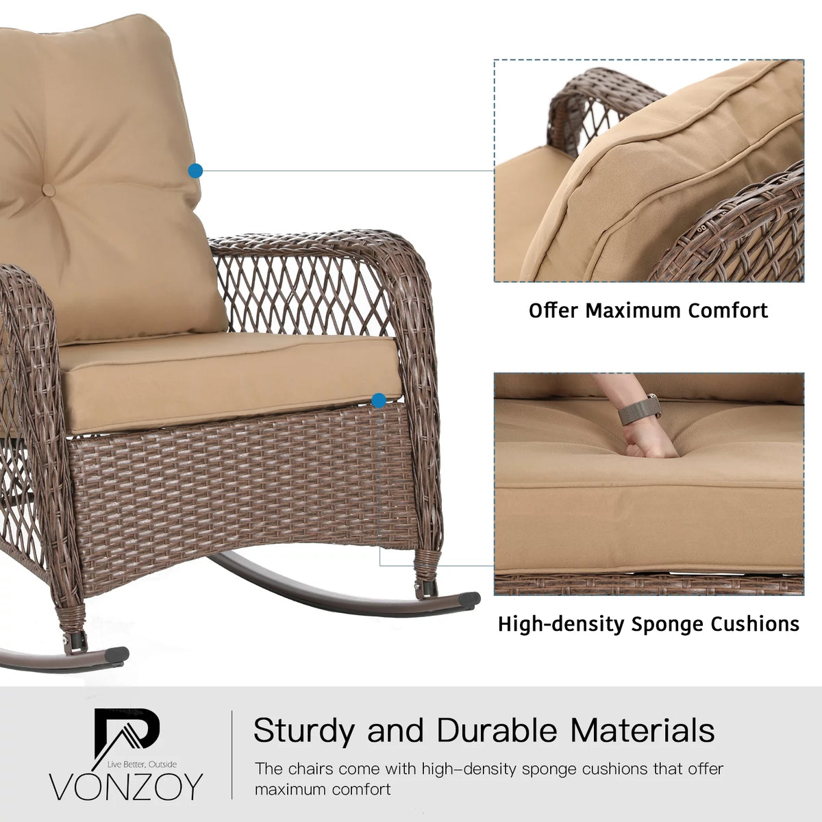 3-Piece Wicker Outdoor Rocking Chairs with Cushions and Table M9458