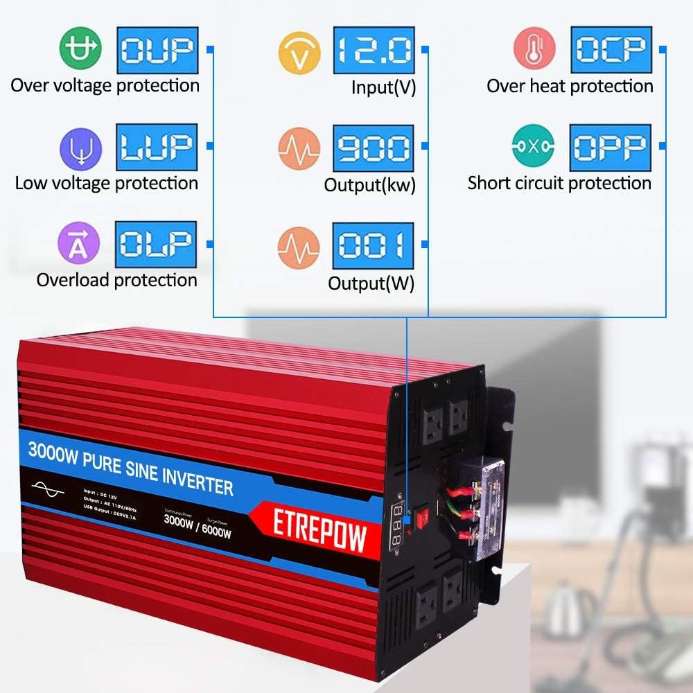 3000 Watt Pure Sine Wave Power Inverter 12V DC to 110V AC V691061