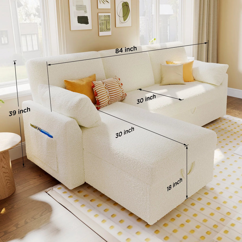 White Sherpa Sofa Bed with Storage Chaise P9501