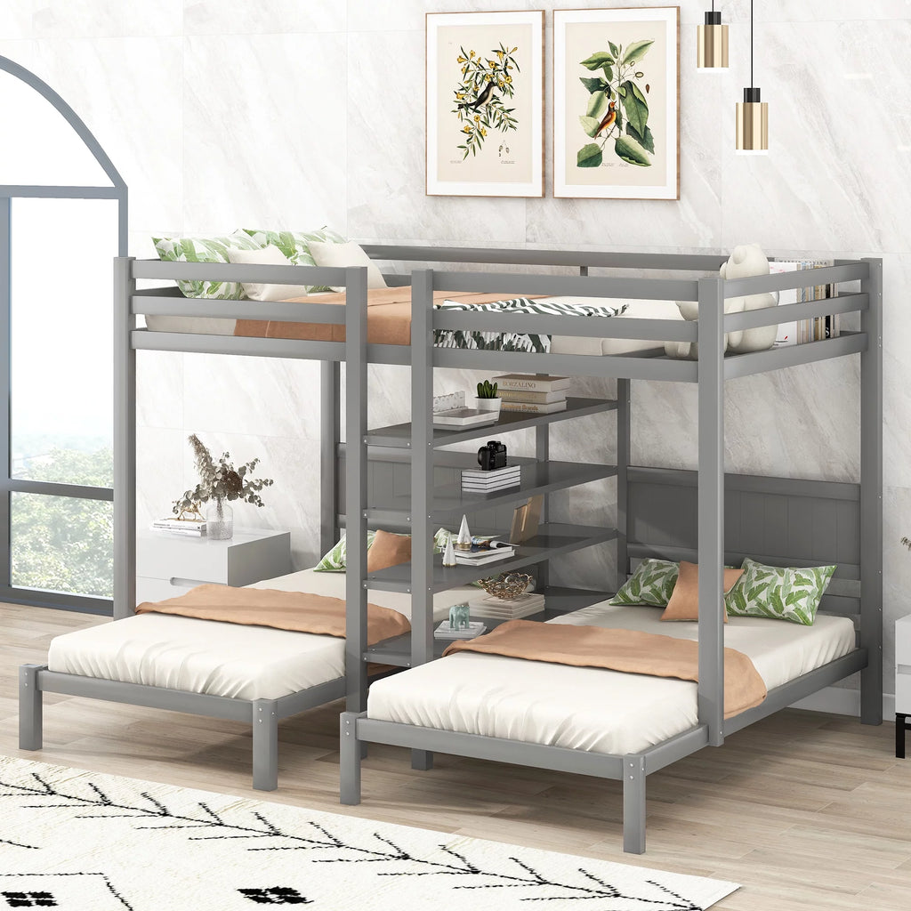 Full XL over Twin&Twin Bunk Bed with Shelves and Ladder Gray Q855999