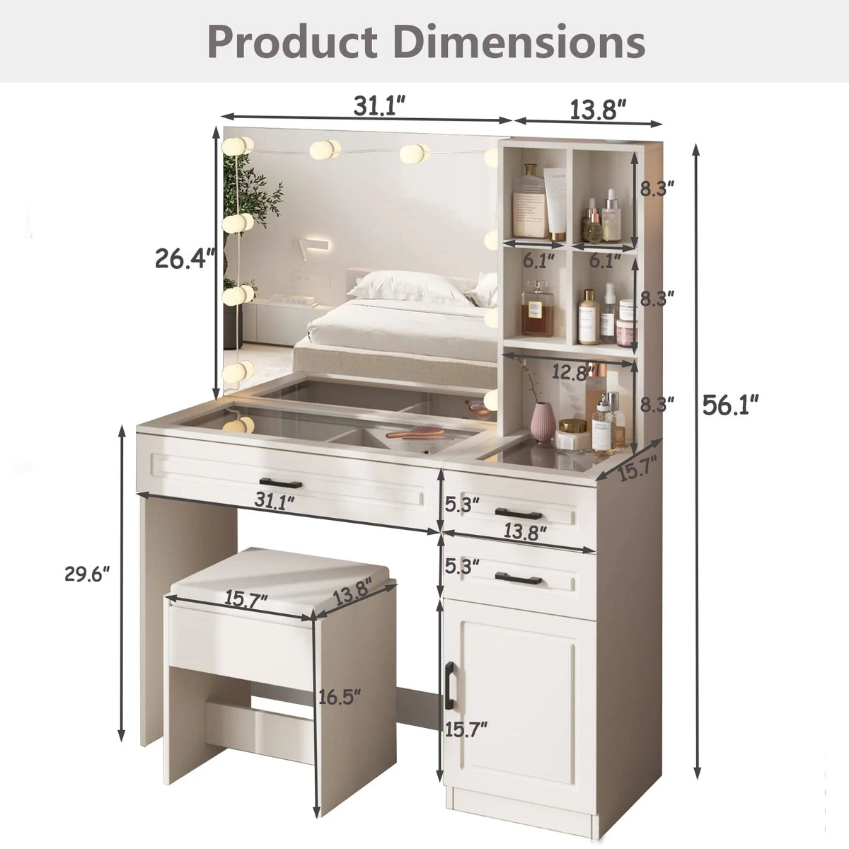 White 45in Vanity Desk Set with Lighted Mirror and Glass Desktop C835