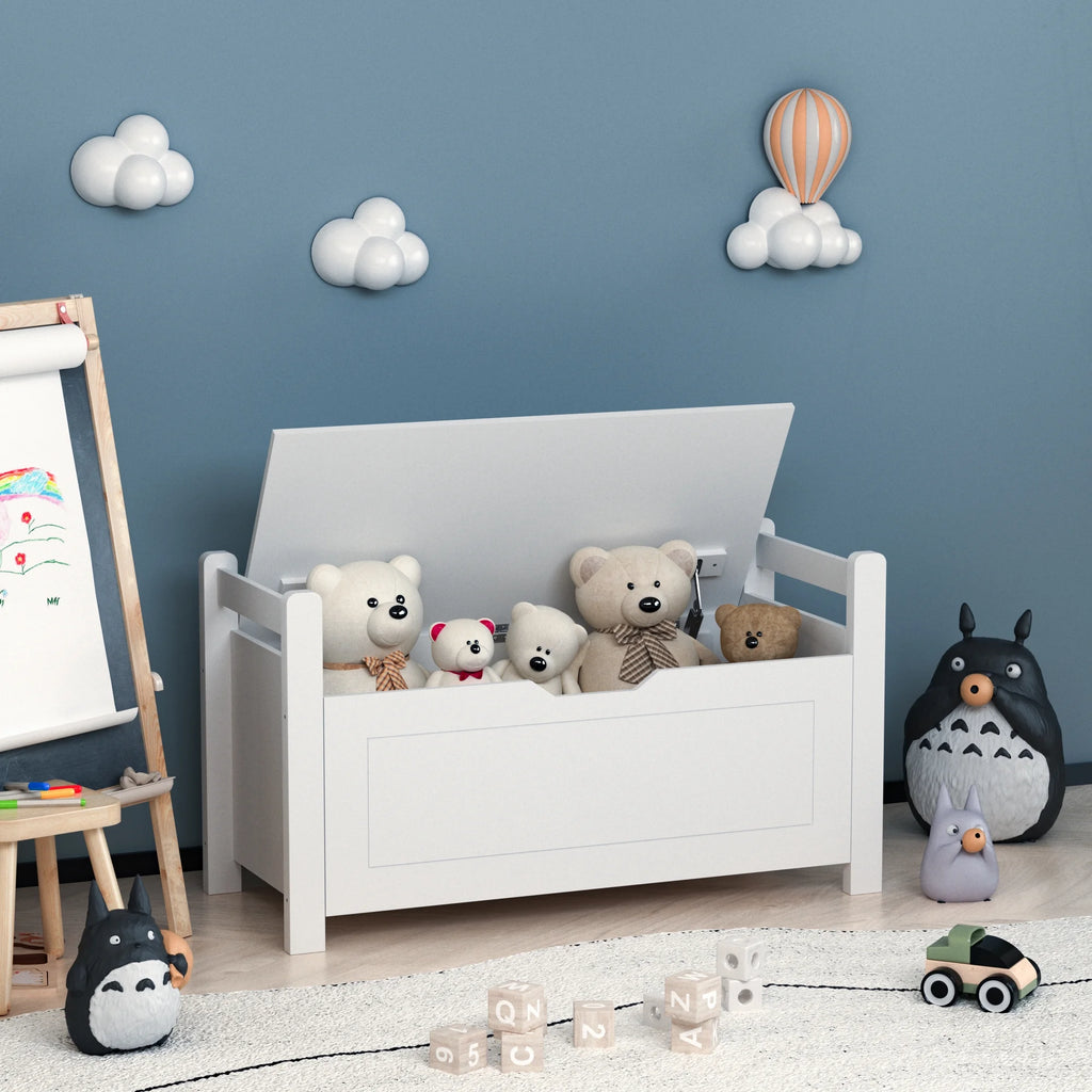 White Wooden Toy Storage Box with Safety Hinged Lid T185