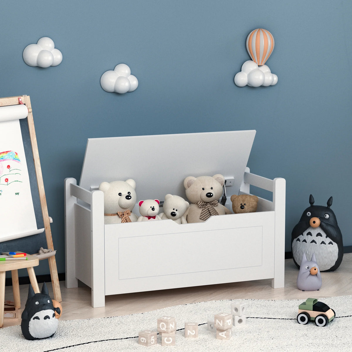 White Wooden Toy Storage Box with Safety Hinged Lid T185